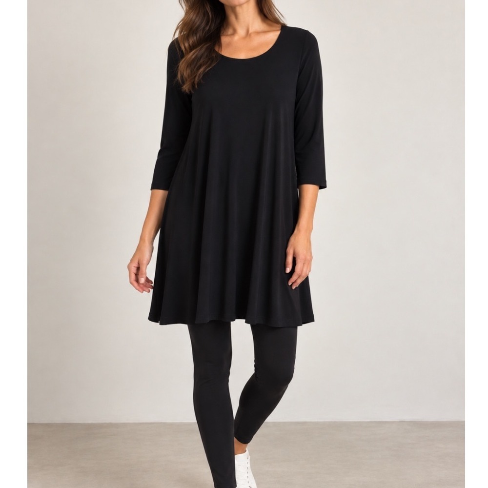Sympli Canada Womens Dress Tunic Size 12 Black Scoop Neck Flared Jersey Minimal